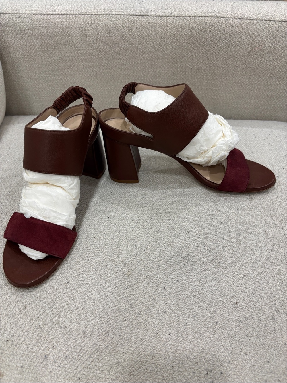 Stuart Weitzman Erica Leather and Suede Block Heel Sandals